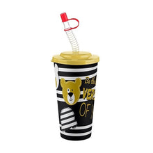 تحميل الصورة في عارض المعرض، A black and white striped plastic tumbler with a yellow lid, featuring a cartoon bear face and the text 'Be the VERA OF'. It has a yellow lid with a clear coiled straw and a red cap, shown on a plain white background.
