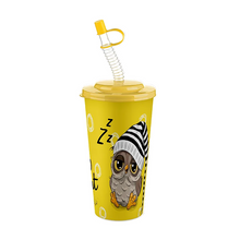 تحميل الصورة في عارض المعرض، A yellow insulated tumbler with a matching yellow lid and coiled straw, featuring a cartoon owl wearing a black-and-white striped beanie and the letters 'Zzz' on the side, shown on a plain white background.
