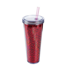 Load image into Gallery viewer, A tall, clear plastic travel tumbler filled with red glitter, featuring a clear lid and a pink straw, set against a plain white background.
