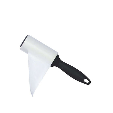 A lint roller with an ergonomic black handle and a white sticky sheet extended to the side.