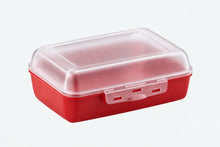Load image into Gallery viewer, A red rectangular plastic lunch box with a hinged lid and front latch, shown on a plain light gray background.
