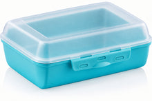 Load image into Gallery viewer, A bright turquoise blue plastic lunch box with a secure lid and a built-in handle, shown on a clean white background with a soft reflection.
