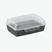 Load image into Gallery viewer, A rectangular dark gray food storage container with a clear plastic lid and a latch closure, shown on a light gray background.
