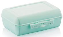 تحميل الصورة في عارض المعرض، A mint green plastic lunch box with a hinged lid and three latch buttons on the front, shown on a white background with a soft reflection.
