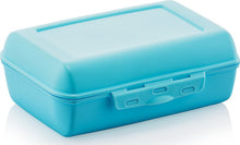 تحميل الصورة في عارض المعرض، A bright turquoise blue plastic lunch box with a secure lid and a built-in handle, shown on a clean white background with a soft reflection.
