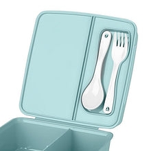 Load image into Gallery viewer, Light blue lunch box with a spoon and fork inside on a white background
