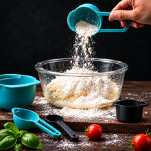 تحميل الصورة في عارض المعرض، Person pouring flour from a blue measuring cup into a glass bowl on a dark background
