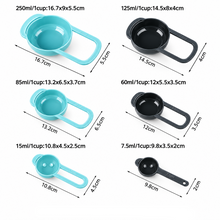 تحميل الصورة في عارض المعرض، Measurement chart of kitchen measuring cups and spoons with dimensions.
