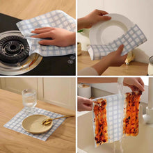 Load image into Gallery viewer, A four-panel collage showing a reusable checkered kitchen towel or placemat being used in real-life scenarios: drying a plate in a sink, wiping a stovetop, and drying a plate on a tabletop.

