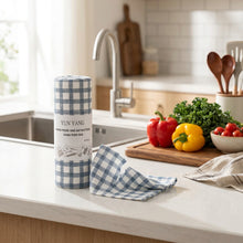 Load image into Gallery viewer, A roll of hand-torn rag towels with a blue and white plaid pattern, wrapped in a white paper band labeled 'YUN YANG'.
