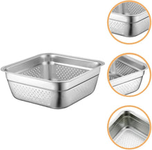 Load image into Gallery viewer, Square stainless steel colander nested in its matching bowl with close-up detail insets
