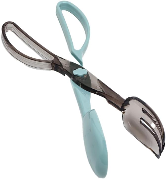 Pair of tongs with one handle in light blue and the other in gray on a white background