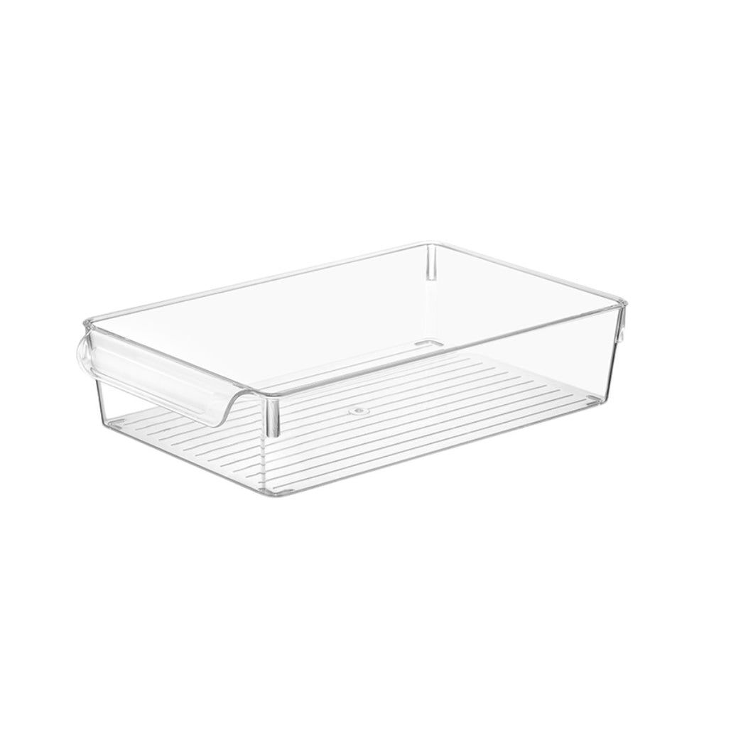 A clear acrylic refrigerator organizer bin with built-in handles.