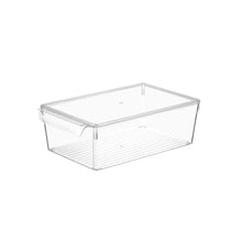 Load image into Gallery viewer, A clear acrylic refrigerator organizer bin with a lid and built-in handles.
