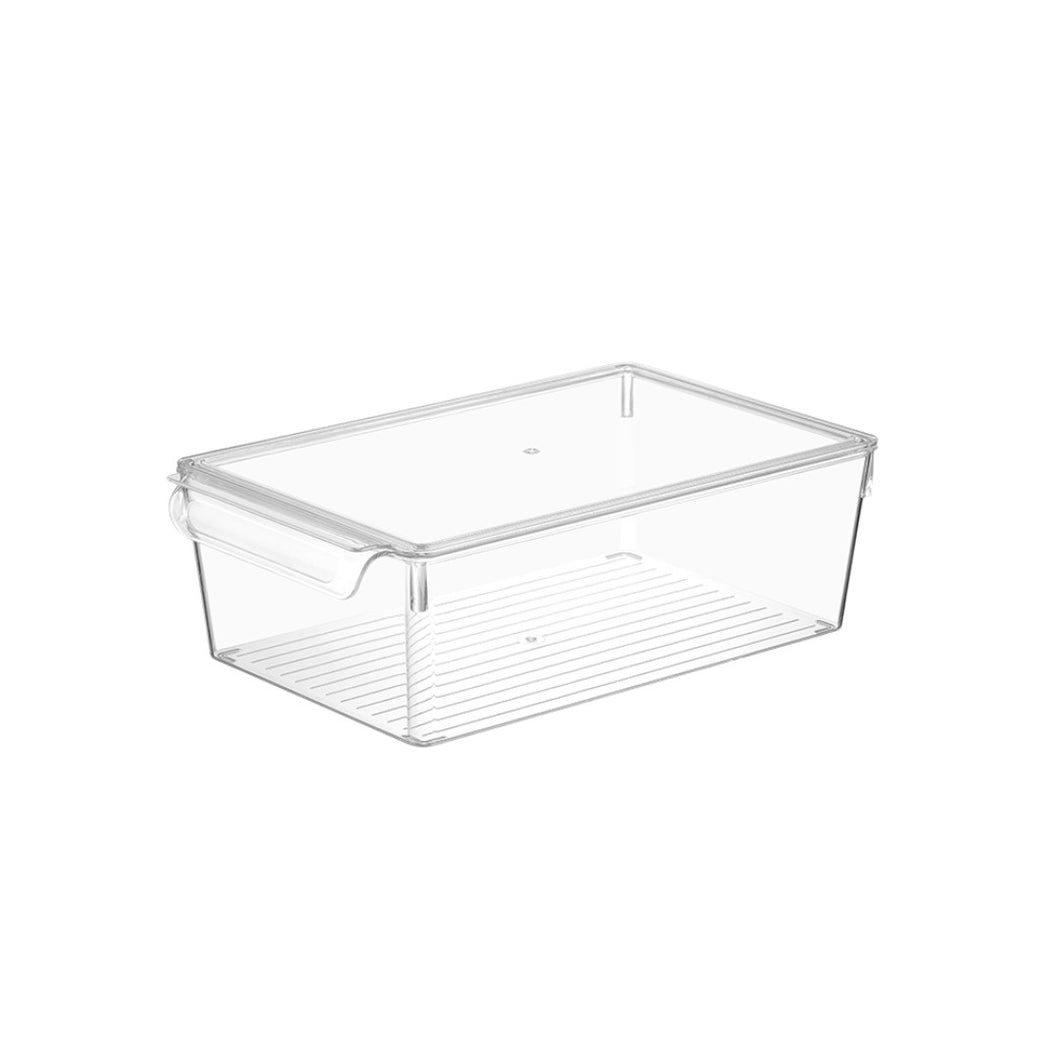 A clear acrylic refrigerator organizer bin with a lid and built-in handles.