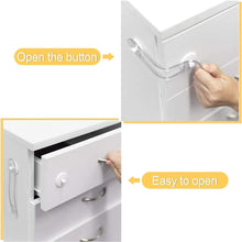 Load image into Gallery viewer, Clear plastic cabinet corner safety strap shown installed on a white drawer cabinet, with inset photos demonstrating how to open the corner lock and how easy it is to use.
