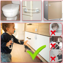Load image into Gallery viewer, A collage showing clear plastic child safety cabinet/latch holders in use: one attached to a white toilet lid, one on a cabinet handle, one on a refrigerator door, and a larger scene of a toddler reaching toward a cabinet with a latch secured by the holder. Red-bordered inset panels show incorrect mounting orientations with red X marks, and a large green check mark appears over the main scene.
