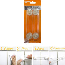 Load image into Gallery viewer, Pack of four clear plastic latch extenders in orange blister packaging, shown above a four-step usage diagram with hand illustrations for cleaning, peeling, sticking, and opening/closing.
