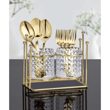 تحميل الصورة في عارض المعرض، A golden acrylic organizer with two slots, displaying various cutlery items like forks, knives, and spoons resting on top.
