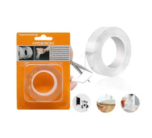 تحميل الصورة في عارض المعرض، Packaging and examples of a transparent double faced nano tape, Hyderon brand, with images showing the tape's use for mounting objects such as a mobile phone holder and wall stickers.
