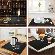 Load image into Gallery viewer, Black placemats used in various settings including a bar, kitchen, and dining table.
