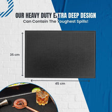 Load image into Gallery viewer, Black mat with dimensions and text about its design and spill resistance on a blue and white background.
