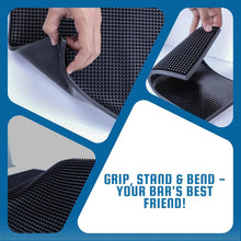 Load image into Gallery viewer, Black textured bar mat with text &#39;Grip, Stand &amp; Bend - Your Bar&#39;s Best Friend!&#39; on a blue background.
