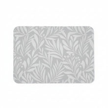 Load image into Gallery viewer, A rectangular mouse pad with rounded corners featuring a light gray and white leaf pattern, resting on a wooden desk.
