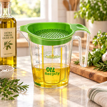 Load image into Gallery viewer, A clear plastic oil drain and decanter with a bright green lid and handle, featuring measurement markings and a 'Oil Recycle' graphic on the front.
