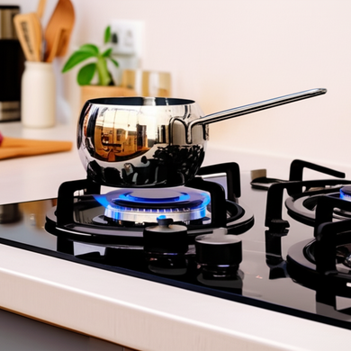 Stainless steel pot on a gas stove in a kitchen setting