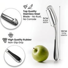 Load image into Gallery viewer, Stainless steel vegetable peeler with text highlighting features, next to a green apple on a light background.
