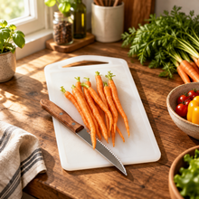 Load image into Gallery viewer, Set of carrots on a cutting board with a knife on a white background
