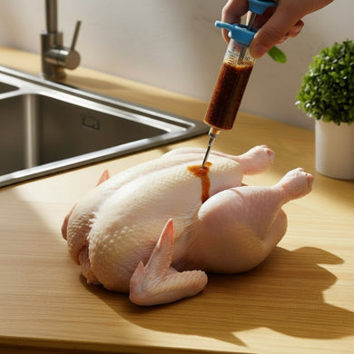 Person injecting a chicken with a syringe on a kitchen counter.