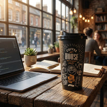 تحميل الصورة في عارض المعرض، BPA-free reusable travel mug with lid featuring coffee house design, perfect for hot drinks.
