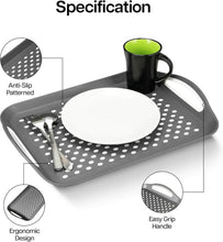 تحميل الصورة في عارض المعرض، Specification image of a rectangular gray serving tray with anti-slip patterned surface and ergonomic design handle, accompanied by a plate and a mug.
