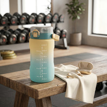 Load image into Gallery viewer, Yellow and blue 1.5-litre water bottle with handle and measurement markings
