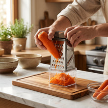 Load image into Gallery viewer, A person in a black coat uses a stainless steel box grater to grate an orange carrot over a clear plastic container, placed on a wooden cutting board.

