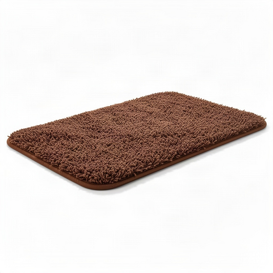 Brown rectangular microfiber bath mat at a side angle