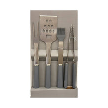 Load image into Gallery viewer, Set of barbecue tools with gray handles in a box on a white background
