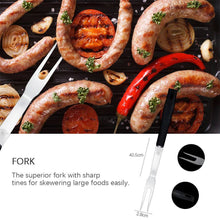 Load image into Gallery viewer, Grilled sausages and vegetables on a grill pan with a fork, accompanied by text and measurements.
