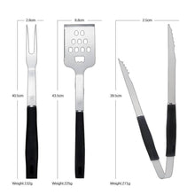 Load image into Gallery viewer, Set of four BBQ tools with measurements and weights on a white background
