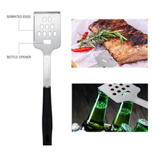 Load image into Gallery viewer, Multifunctional tool with serrated edge and bottle opener, used for cooking and opening bottles.
