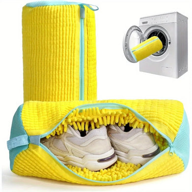 Yellow shoe storage bag with a section for shoes, shown with a dryer in the corner.