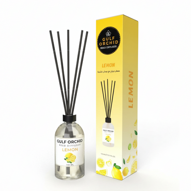 Gulf Orchid Lemon diffuser bottle and packaging on a white background