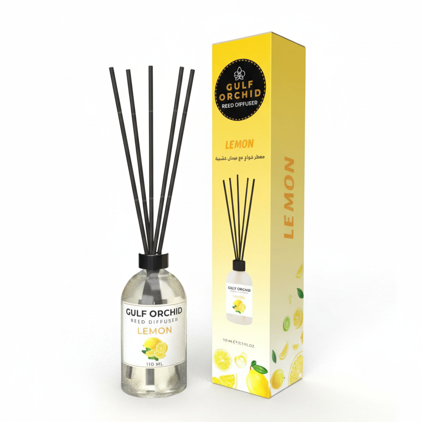 Gulf Orchid Lemon diffuser bottle and packaging on a white background