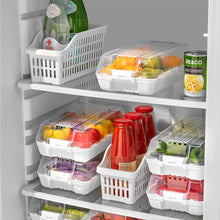 Load image into Gallery viewer, Open refrigerator with organized food items in transparent containers and baskets.
