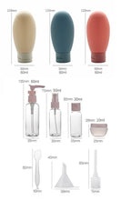 Load image into Gallery viewer, A product infographic showing multiple sizes and shapes of small cosmetic bottles and applicators with printed dimensions and capacities on a white background.
