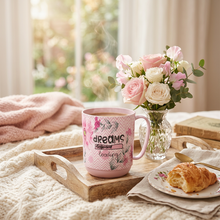 Load image into Gallery viewer, Cups/Mugs/Jars/Jugs - Reusable Plastic Funny Cup - 350 ml. with pink floral design and "dreams loading" text.
