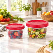 Load image into Gallery viewer, Two clear plastic storage containers with red screw-on lids, shown on a plain white background.
