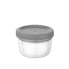 Load image into Gallery viewer, A small clear plastic storage container with a gray screw-on lid, shown against a plain white background.
